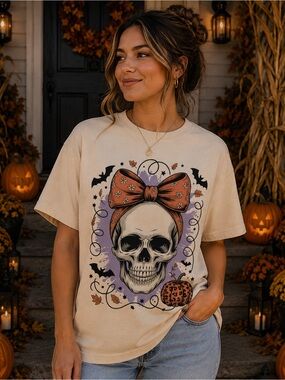 Skull with Bow Halloween Graphic Tee - Cream